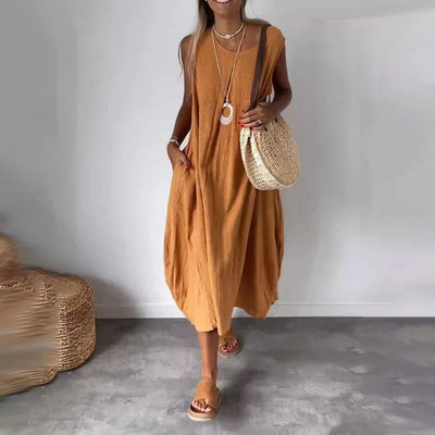 Sleeveless casual dress in cotton and linen with pocket